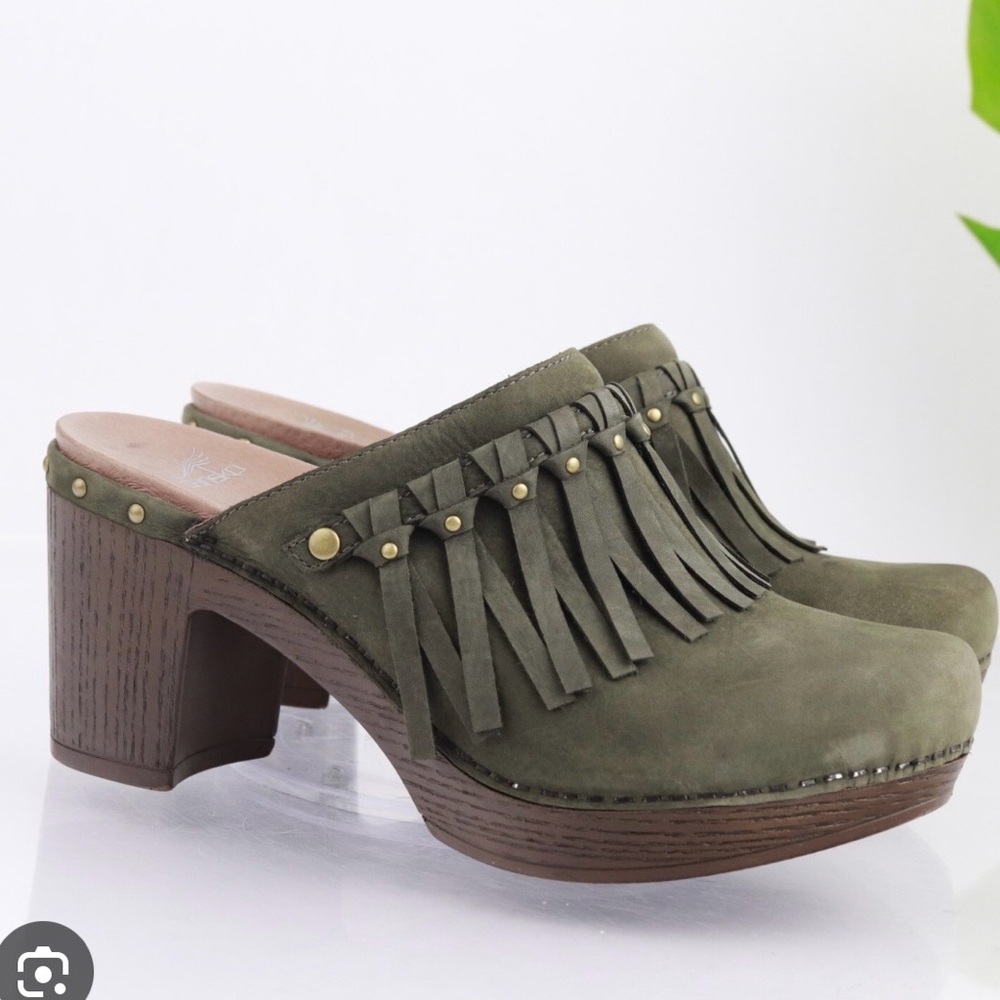 Dansko Deni mule clog fringe olive green suede heels sz 37 7 7.5 slip on boho